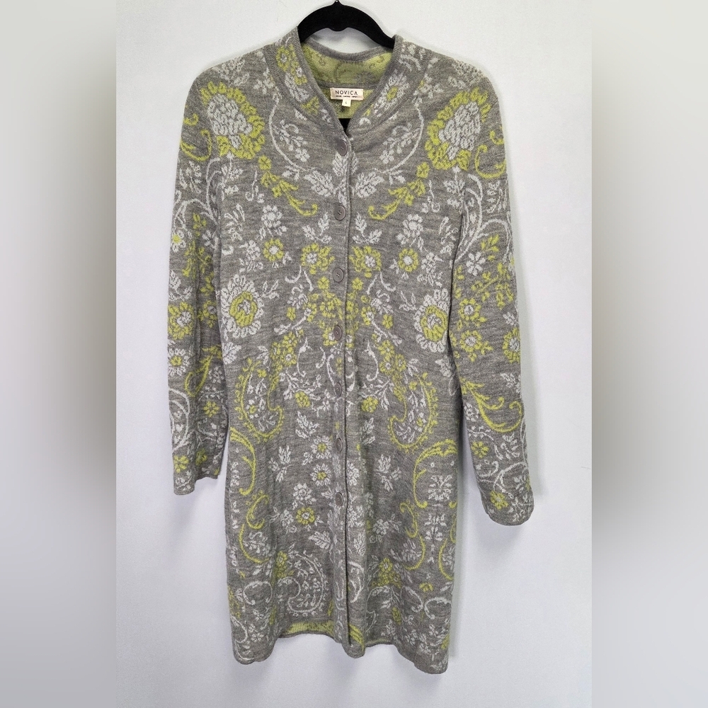 Novica Alpaca Long Line Floal Gray & Yellow Cardigan Sweater Size Large